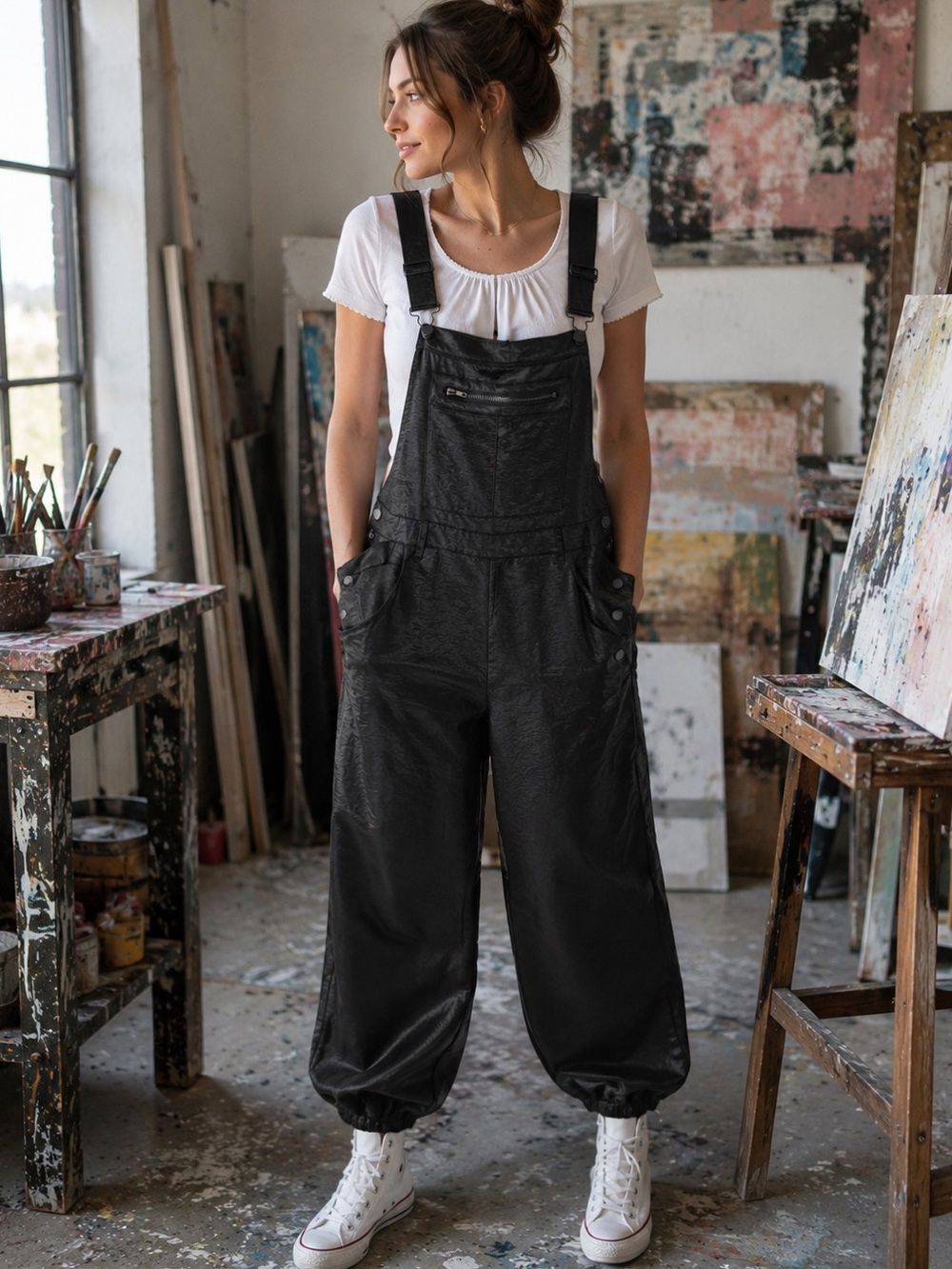 NWT Women's Wild Fable Black Satin Jumpsuit Overalls- size L